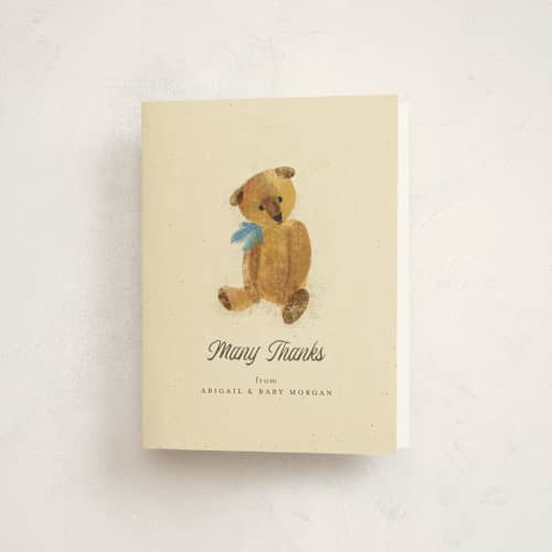 This is a glacier baby shower thank you cards with standard by Kimberly Morgan called vintage teddy printing on strathmore in standard