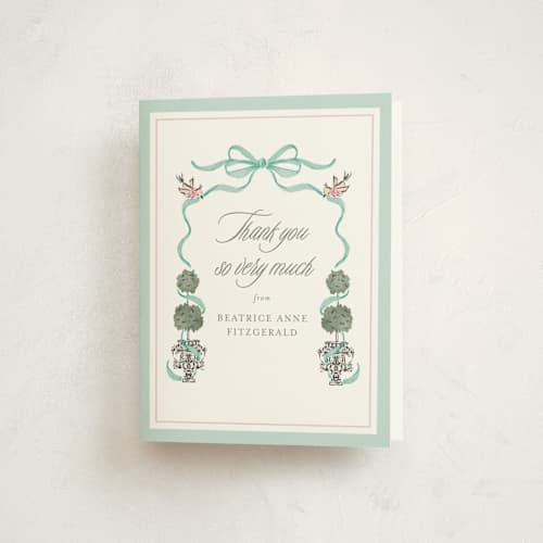 This is a aquamarine baby shower thank you cards with standard by Jackie Crawford called tiny topiary printing on strathmore in standard