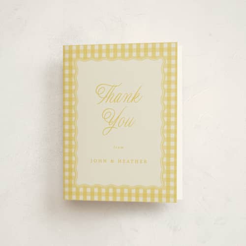 This is a lemonade baby shower thank you cards with standard by Brianne Larsen called scalloped gingham printing on strathmore in standard