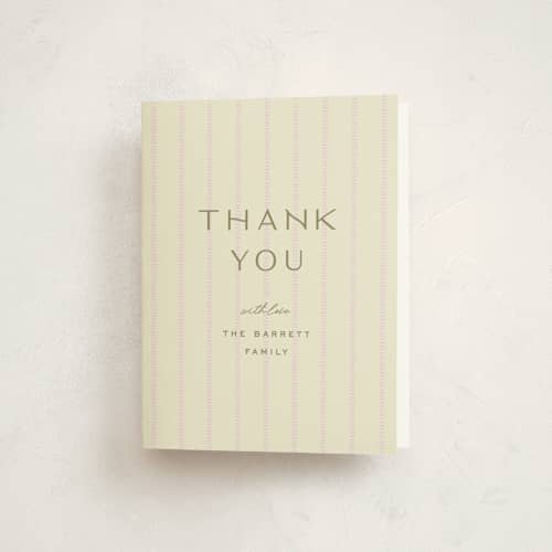 This is a blush baby shower thank you cards with standard by Ellen Schlegelmilch called stitched lines printing on strathmore in standard
