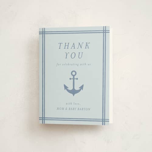 This is a sea baby shower thank you cards with standard by Brynne Foster called ahoy printing on strathmore in standard