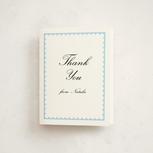 This is a sky baby shower thank you cards with standard by Catherine Culvenor called sweetly scalloped printing on strathmore in standard