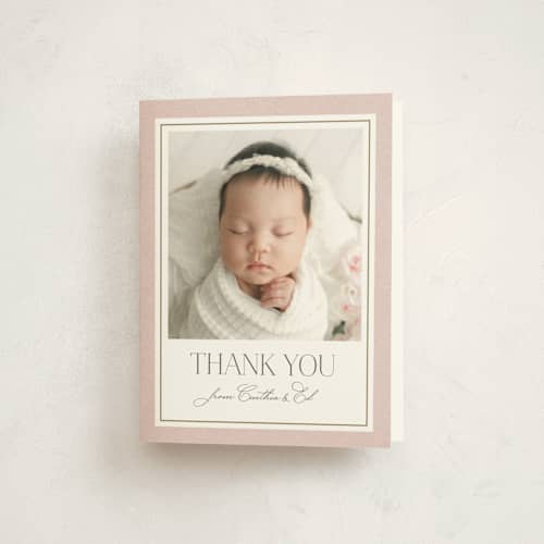 This is a rose baby shower thank you cards with standard by Lucrecia Caporale called the little heirloom printing on strathmore in standard