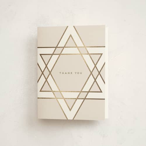 This is a cream bar mitzvah bat mitzvah invitations with foil pressed by Stacy Maalouf called square star of david printing on strathmore in standard