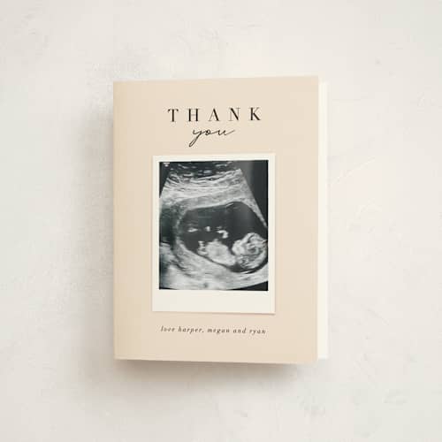 This is a peach kids thank you cards with standard by Lori Wemple called coming soon snap printing on strathmore in standard