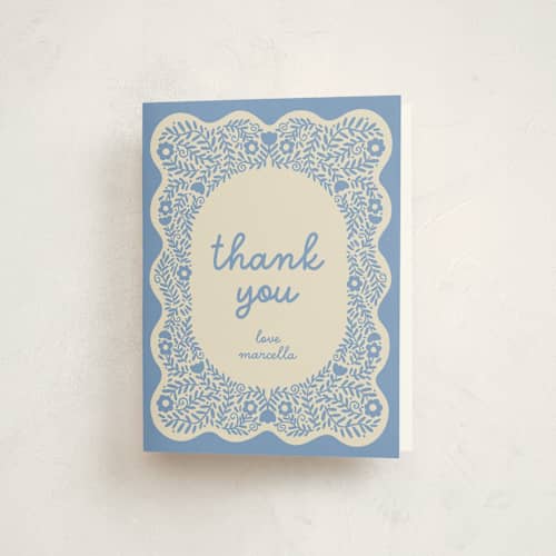 This is a orchid kids thank you cards with standard by Kelly Watkins called wavy floral frame printing on strathmore in standard