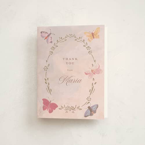 This is a petal kids thank you cards with standard by Teju Reval called dreamy butterflies printing on strathmore in standard