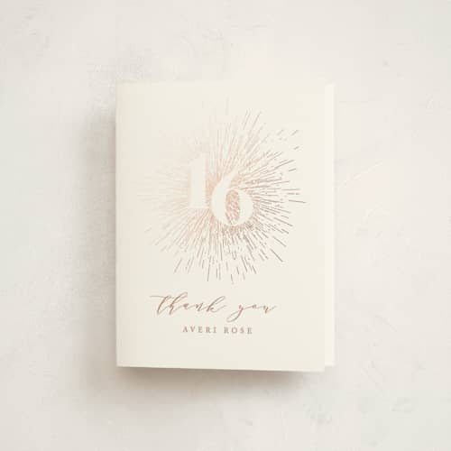 This is a cocoa sweet sixteen birthday party invitations with foil pressed by Ana Sharpe called starburst printing on strathmore in standard