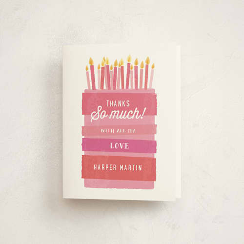 This is a bubblegum kids thank you cards with standard by Karidy Walker called birthday bash cake printing on strathmore in standard