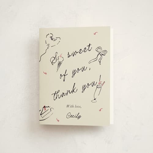 This is a licorice kids thank you cards with standard by Sarah Rosenthal called sweets & treats printing on strathmore in standard