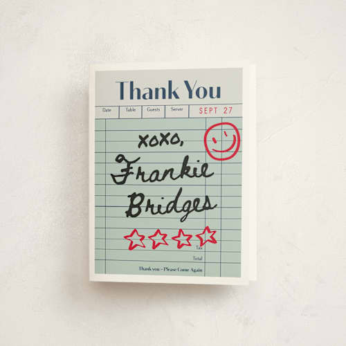 This is a mint kids thank you cards with standard by Jennifer Lew called guest check printing on strathmore in standard