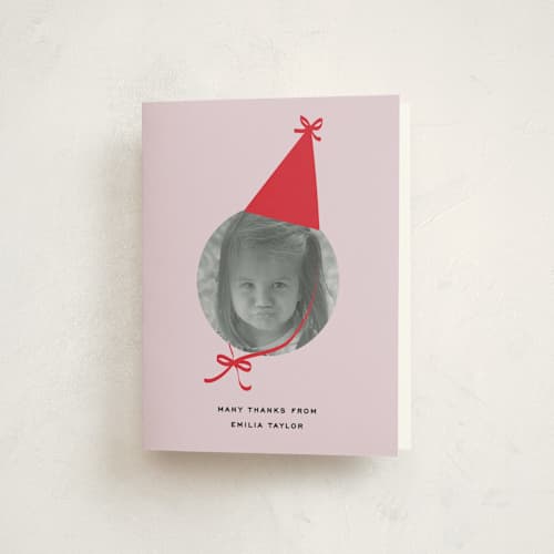 This is a ruby kids thank you cards with standard by Jennifer Lew called birthday hat printing on strathmore in standard