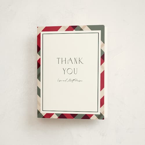 This is a berry thank you cards with standard by Chris Griffith called plaid suit holiday printing on strathmore in standard
