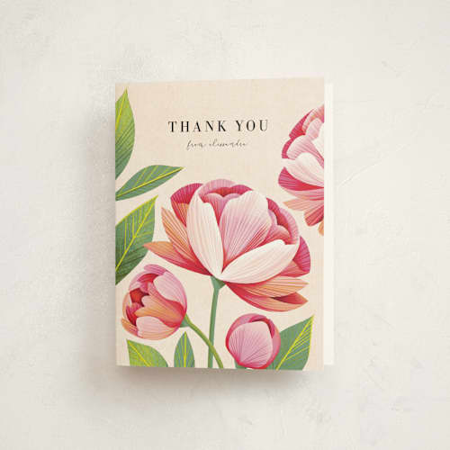 This is a cream thank you cards with standard by Laura Moyer called a garden gala printing on strathmore in standard