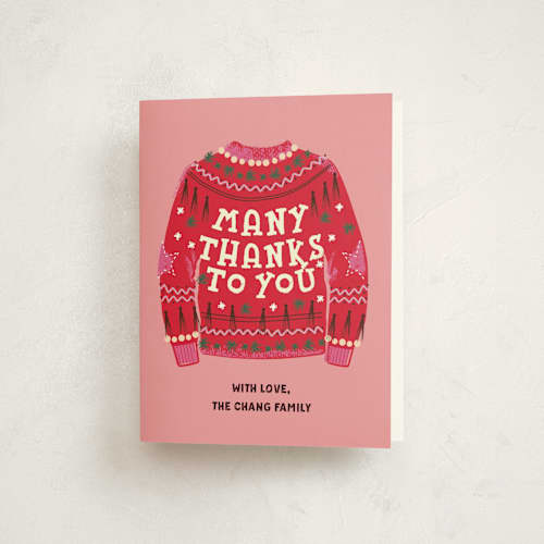 This is a fuchsia thank you cards with standard by Jennifer Lew called ugly sweater printing on strathmore in standard