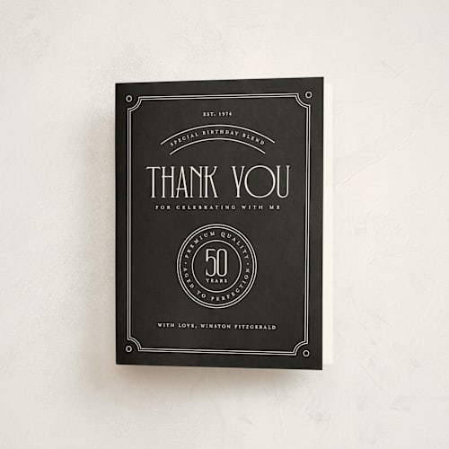 This is a charcoal thank you cards with standard by Heather Schertzer called aged to perfection printing on strathmore in standard