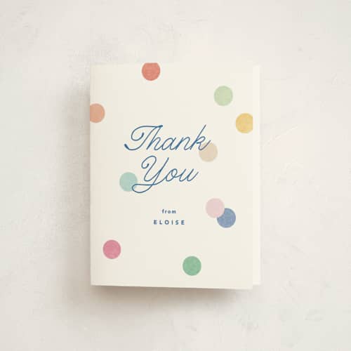 This is a rainbow thank you cards with standard by Creo Study called confetti party printing on strathmore in standard