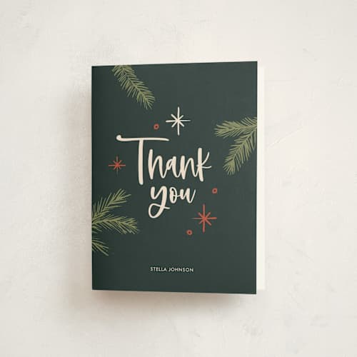 This is a forest thank you cards with standard by Marie Bloch-Laine called holiday party printing on strathmore in standard