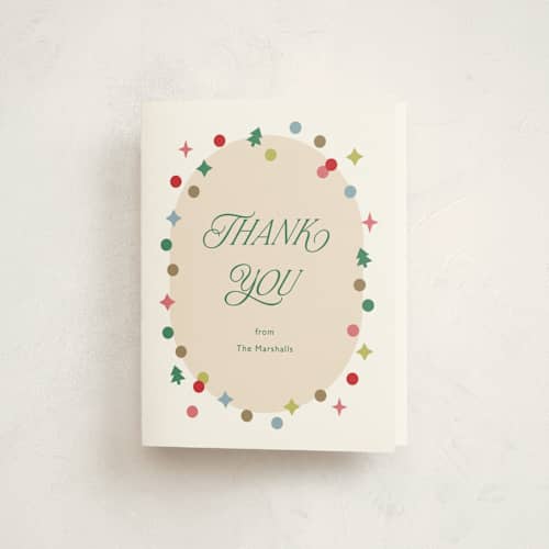 This is a rainbow thank you cards with standard by Carolyn MacLaren called holiday confetti printing on strathmore in standard