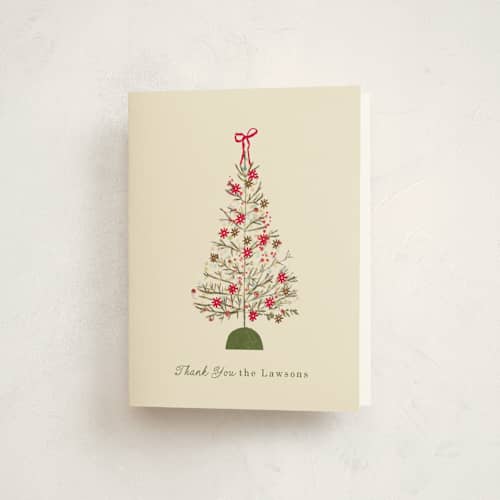 This is a cream thank you cards with standard by Baumbirdy called holiday tree party printing on strathmore in standard