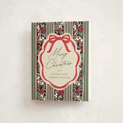This is a ruby thank you cards with standard by Jackie Crawford called holiday ribbon printing on strathmore in standard