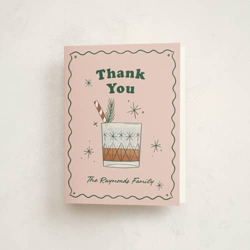 This is a dusty pink thank you cards with standard by Becky Nimoy called holiday cocktails printing on strathmore in standard