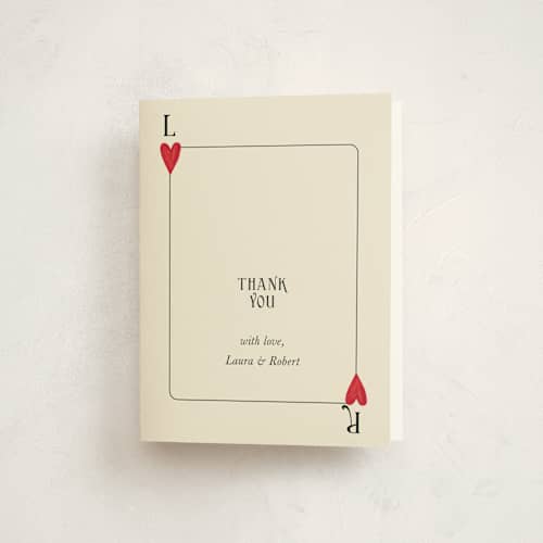 This is a champagne thank you cards with standard by Helena Vitto called red hearts printing on strathmore in standard