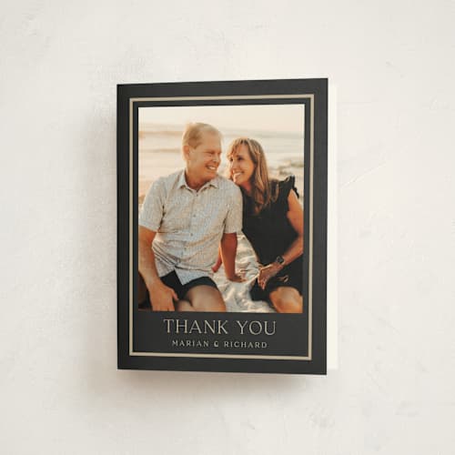 This is a charcoal thank you cards with standard by Lucrecia Caporale called timeless charm printing on strathmore in standard