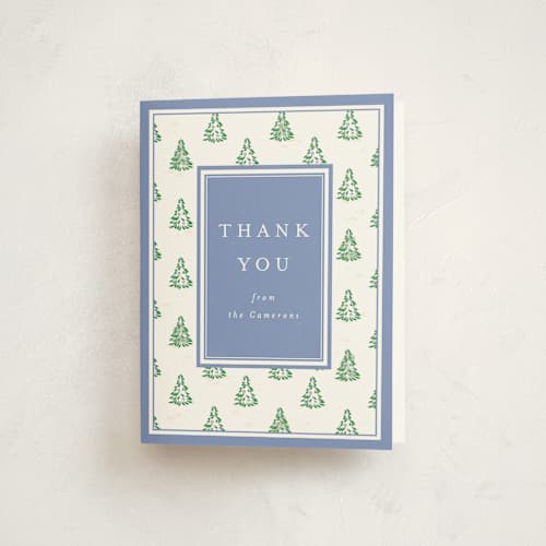 This is a provincial blue thank you cards with standard by Corinne Malesic called little trees printing on strathmore in standard