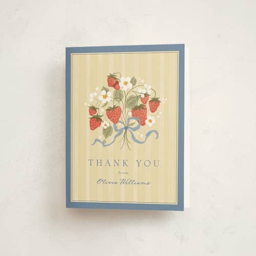 This is a blueberry thank you cards with standard by Erin L. Wilson called strawberry sunshine printing on strathmore in standard
