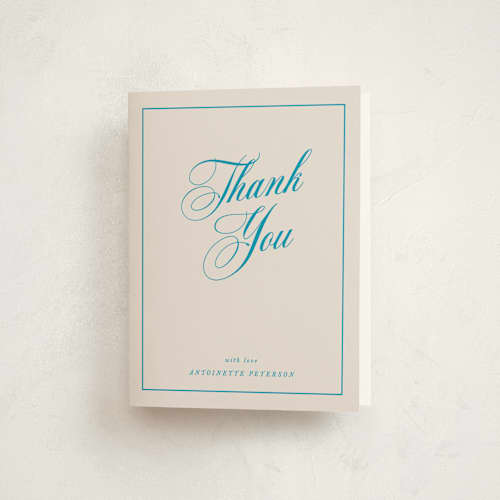 This is a antique sky thank you cards with standard by Kamala Nahas called calligraphy printing on strathmore in standard