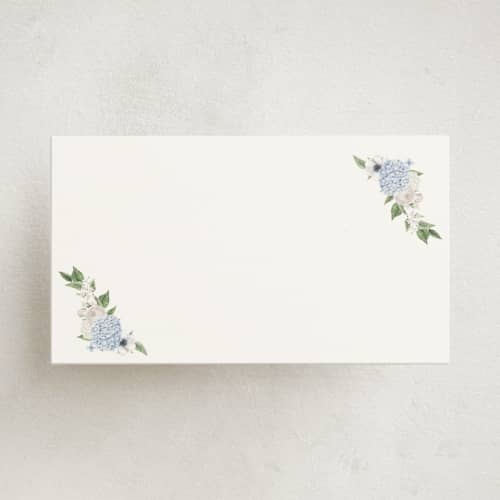 This is a periwinkle blank hosting stationery with standard by Design Lotus called sweethearts printing on signature in placecard