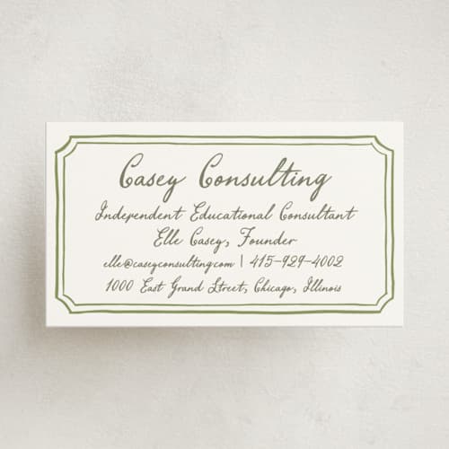 This is a moss business cards with standard by Cass Loh called handwritten printing on signature in standard