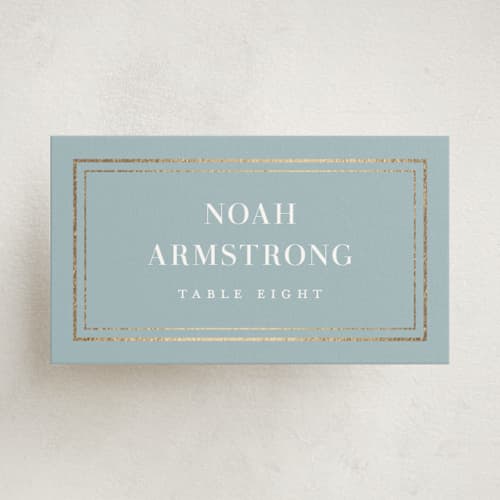 This is a powder blue party stationery with foil pressed by Jennifer Postorino called polished printing on signature in placecard