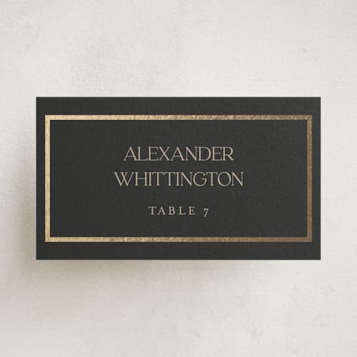 This is a charcoal party stationery with foil pressed by Lucrecia Caporale called timeless charm printing on signature in placecard