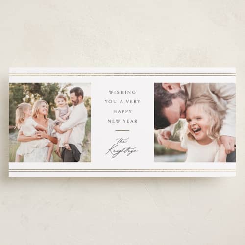 This is a snow foil pressed holiday cards with foil pressed by Melanie Kosuge called double bands printing on recycled smooth signature in tall