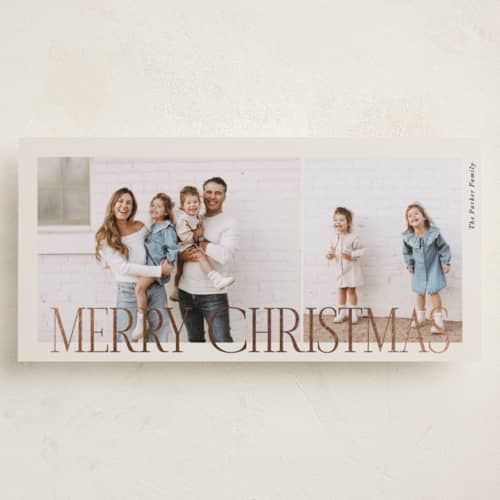 This is a eggnog foil pressed holiday cards with foil pressed by Brianne Larsen called classic & modern printing on recycled smooth signature in tall