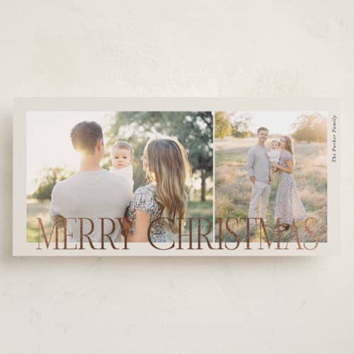 This is a eggnog foil pressed holiday cards with foil pressed by Brianne Larsen called classic & modern printing on recycled smooth signature in tall
