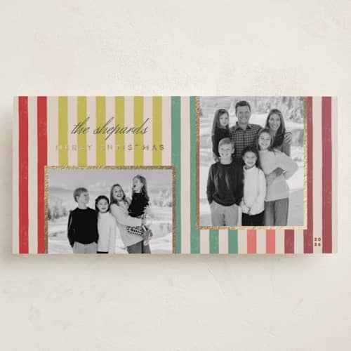 This is a chartreuse foil pressed holiday cards with foil pressed by Stacey Day called vintage stripes printing on recycled smooth signature in tall