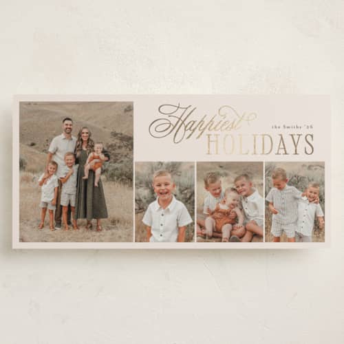 This is a sand foil pressed holiday cards with foil pressed by Christy Hy Lee called joyful printing on recycled smooth signature in tall