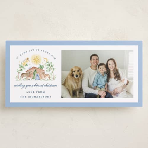 This is a starlight holiday photo cards with standard by Sarah Knight called painted nativity printing on recycled smooth signature in tall