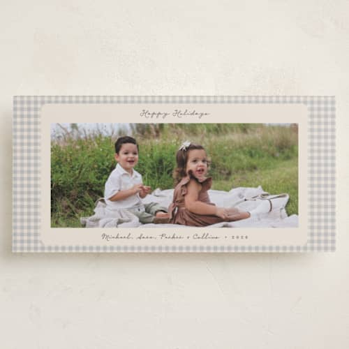 This is a ash holiday photo cards with standard by Emily Betts called gingham vintage printing on recycled smooth signature in tall