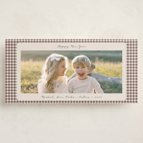 This is a gingerbread latte holiday photo cards with standard by Emily Betts called gingham vintage printing on recycled smooth signature in tall