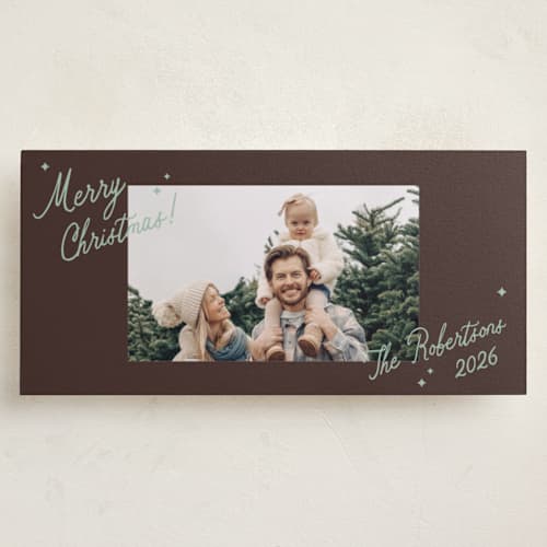 This is a mint chocolate holiday photo cards with standard by Stacey Meacham called merry bursts printing on recycled smooth signature in tall