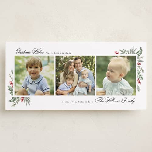 This is a peppermint holiday photo cards with standard by Susan Moyal called warmest wish printing on recycled smooth signature in tall