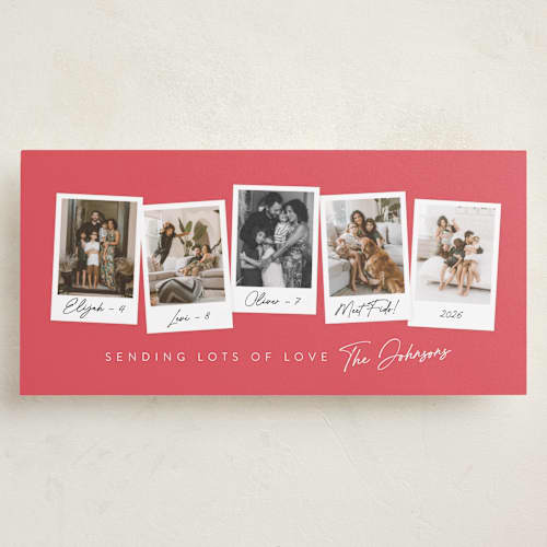 This is a raspberry holiday photo cards with standard by Meggy Masters called loveliest moments printing on recycled smooth signature in tall