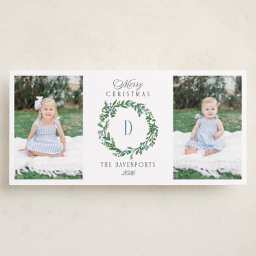This is a blueberry holiday photo cards with standard by Susan Moyal called monogram wreath printing on recycled smooth signature in tall