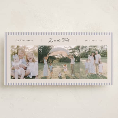 This is a lavender holiday photo cards with standard by Christy Hy Lee called happy trio printing on recycled smooth signature in tall