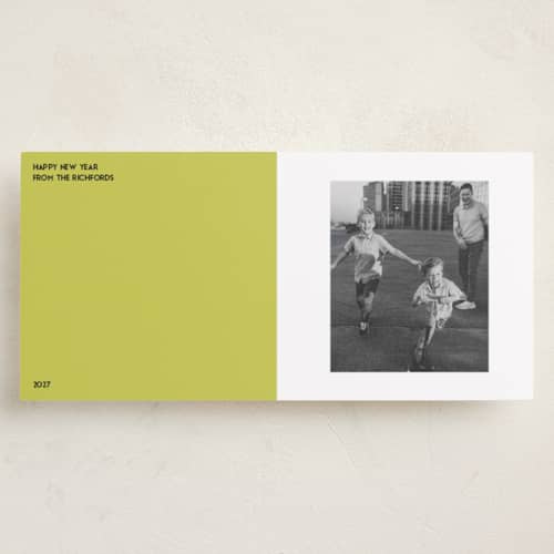 This is a chartreuse holiday photo cards with standard by Studio Suku called block printing on recycled smooth signature in tall