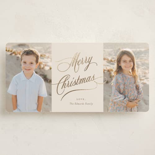 This is a straw foil pressed holiday cards with foil pressed by Carolyn MacLaren called center aisle printing on recycled smooth signature in tall